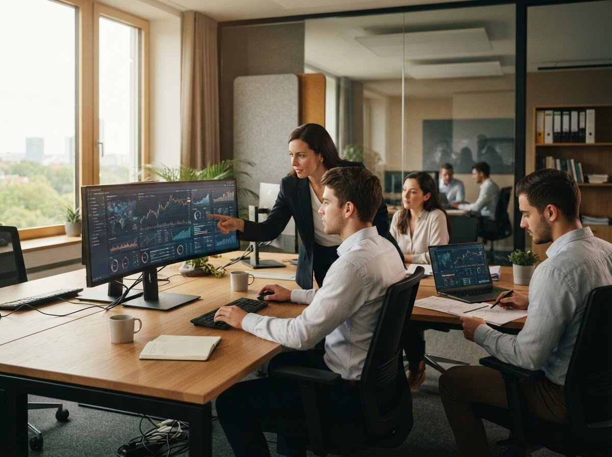 Analysten betrachten Finanzdiagramme auf einem Monitor