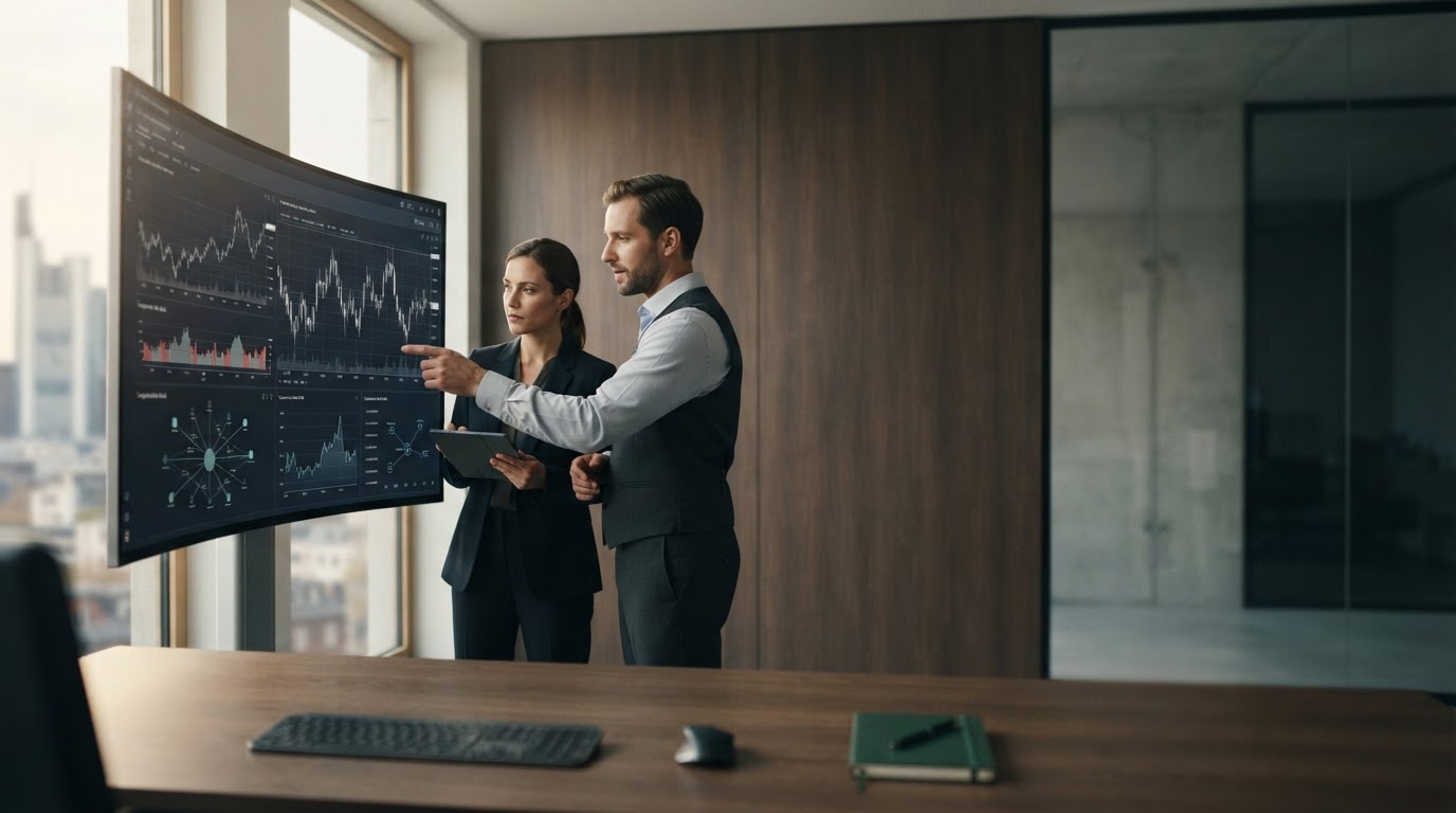 Zwei Geschäftsleute analysieren Finanzdiagramme auf einem großen Monitor